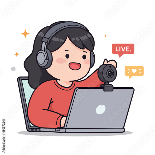 A cheerful cartoon girl wearing headphones, using a webcam on her laptop for a live online broadcast.