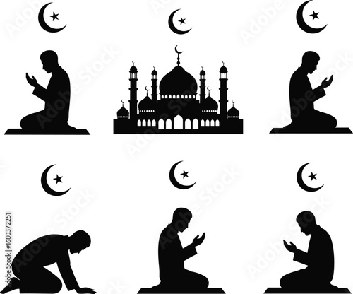 Muslim man praying in different positions with crescent moon and mosque silhouette, Islamic worship vector for religion and spirituality concept.