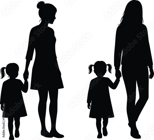 Silhouette of two mothers holding hands with their daughters, family connection, parent child bond, motherhood love, walking together, strong relationship, female figures