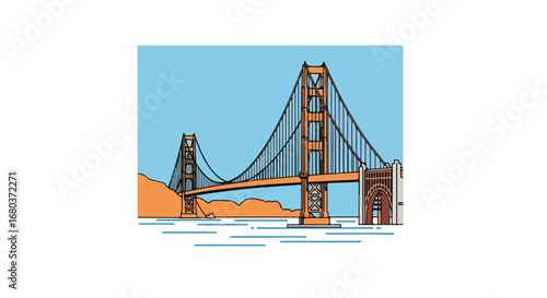 Vector illustration of a suspension bridge, architectural marvel with intricate details and a blend of modern aesthetics set against a serene sky