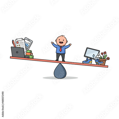 A cheerful cartoon businessman successfully balances professional responsibilities and personal leisure activities on a seesaw.