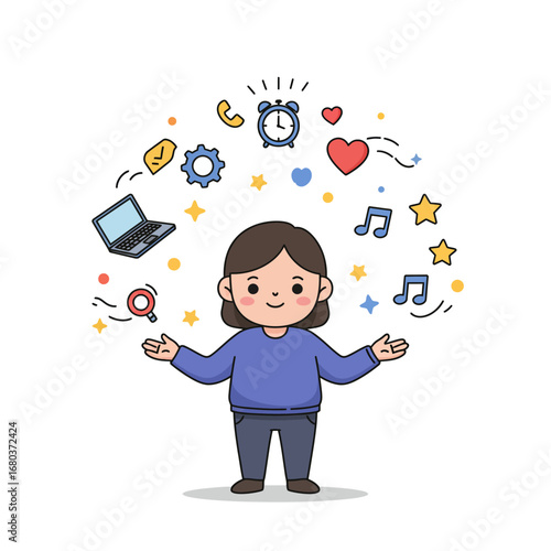 Smiling cartoon girl juggling various digital and personal items, symbolizing multitasking.