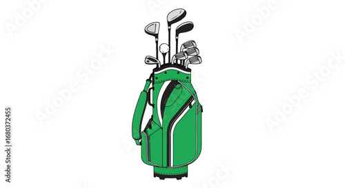 Vibrant green golf bag containing various clubs set against a minimalist background creating a sporty design with precision and clarity