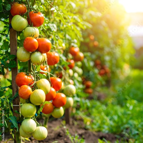 Vineyard of ripe tomatoes bathed in golden sunlight.