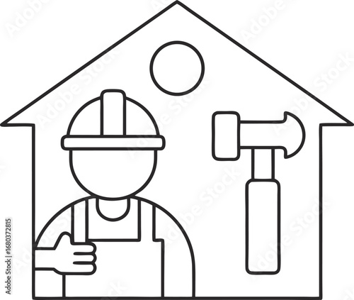 Construction worker with hammer inside a house, representing home repair, building services, and professional maintenance work