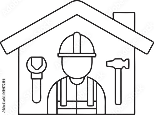 Construction worker with hammer and wrench inside a house, representing home repair, building services, and professional maintenance work