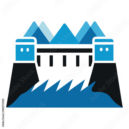 Hydroelectric dam with water flowing and mountains vector on white background.