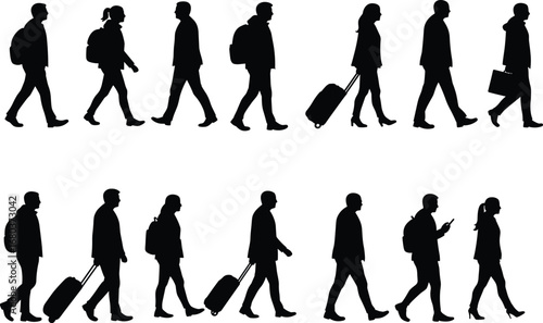 Silhouettes of business people walking with backpacks, rolling suitcases, briefcases, commuting in city, urban professionals, traveling, corporate lifestyle, business travel, busy commuters