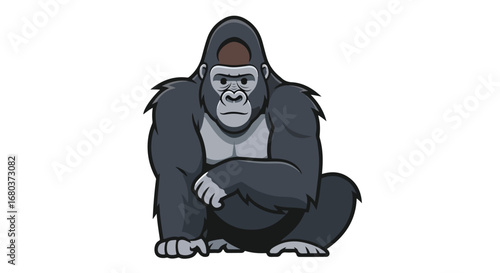 Illustration of a thoughtful gorilla in a seated pose with a contemplative expression isolated on a white background showcasing animal character