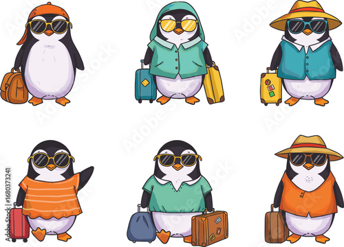 Funny cartoon penguins traveling with luggage, cute vacation characters, summer holiday trip, penguin tourists in outfits, adventure journey animals
