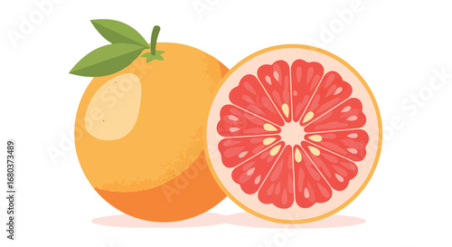 Artistic illustration of a whole grapefruit with leaves and a halved grapefruit revealing the juicy interior, showcasing a vibrant and healthy fruit