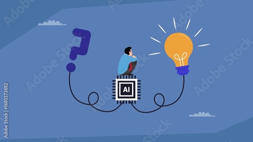 Artificial Intelligence Solution: A Man Sits on an AI Processor Connected to a Question Mark and a Lightbulb, Symbolizing AI as the Solution to Complex Problems and Ideas cartoon animation