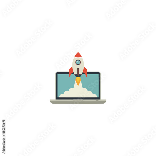 A stylized illustration depicts a rocket launching from a laptop screen, symbolizing digital innovation and rapid progress.
