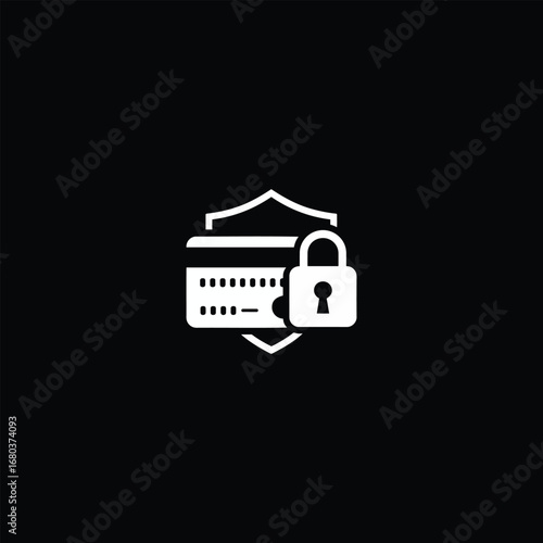 A white icon depicting a credit card protected by a shield and a padlock, symbolizing secure transactions.