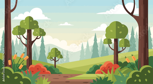 Cartoon vector illustration of a summer landscape with green grass, flowers, and trees on a hill under a sunny sky with clouds