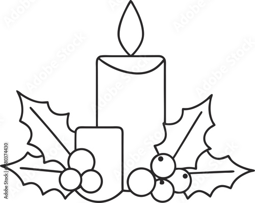 Two christmas candles with holly berries in a handdrawn style, perfect for holiday cards, decorations, and festive designs