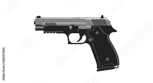Detailed Illustration of a Silver and Black Handgun on a Plain White Background Depicting Firearm  Precision and Modern Design  in a Flat Vector Style
