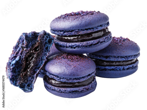 Delicious purple macarons with dark chocolate filling, a tempting treat for any sweet tooth. Enjoy the vibrant colors and rich flavors!