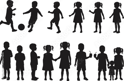 Silhouettes of children playing, holding hands, drinking juice, family time, friendship, childhood 