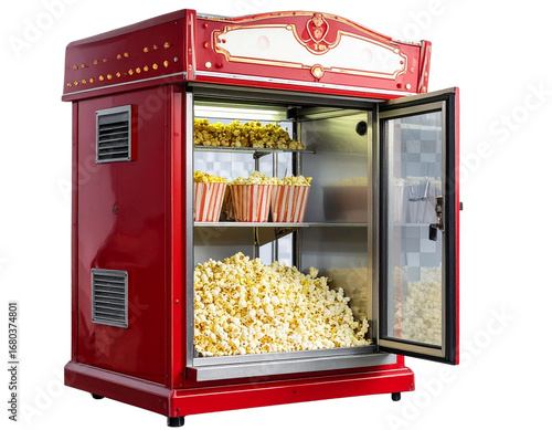  Popcorn Machine with Open Door, Butter and Kernels Displayed, Angled Side View, Isolated  (2)