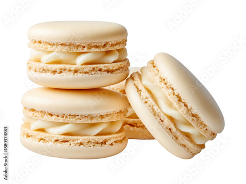 Delectable creamy macarons, delicately arranged, a sweet treat for the eyes and palate. A tempting confectionery delight.