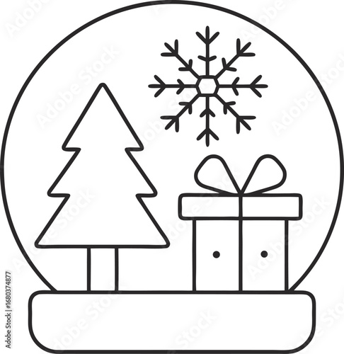 Christmas snow globe with tree, snowflake, and gift, perfect for holiday season greetings and winter themed designs in a simple and elegant style