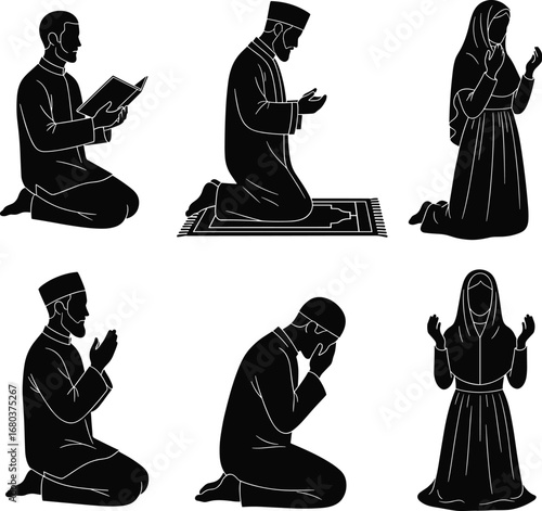 Muslim men and women kneeling, praying, reading Quran, and making dua in various poses wearing traditional Islamic clothing vector