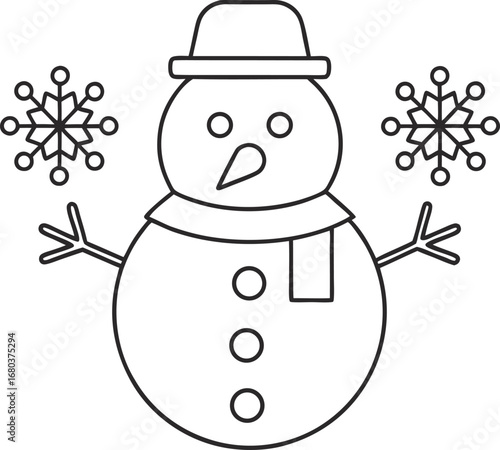 Snowman with snowflakes, a festive winter holiday drawing for christmas and new year celebrations, perfect for coloring pages and fun activities