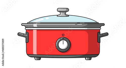 A bright red electric slow cooker with a clear glass lid and a simple control dial for effortless home cooking