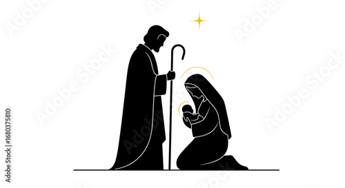 Nativity scene silhouette with mary joseph and baby jesus under the star of bethlehem