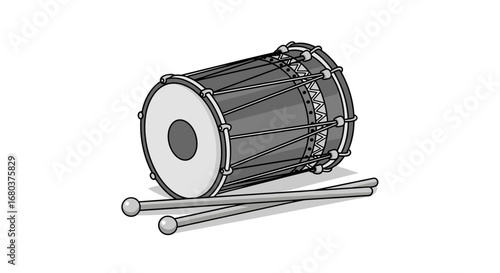 Acoustic percussion instrument double headed drum with wooden sticks for musical performance and rhythm creation