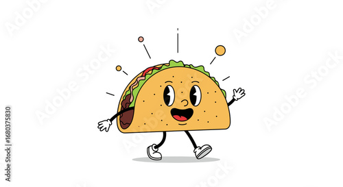 Dancing retro taco character excitedly grooving with happiness and joyful movements