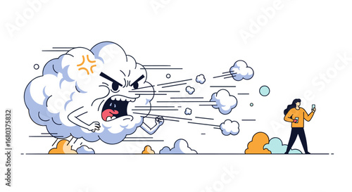 Angry cloud character attacking a person with strong winds and debris on a windy day