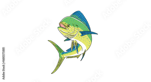 Vibrant mahi mahi fish leaping out of water with colorful scales and fins illustration