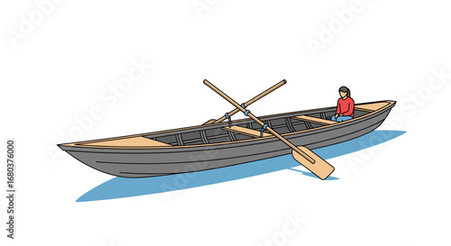 A lone person skillfully maneuvers a long narrow wooden boat using two oars for a peaceful journey across calm water