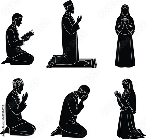 Muslim men and women performing Islamic prayer, reading Quran, and making dua in sitting and standing positions wearing modest clothing
