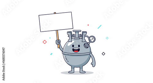 Happy cartoon gas cylinder character holding a blank sign with a friendly smile and joyful expression promoting energy and utility services