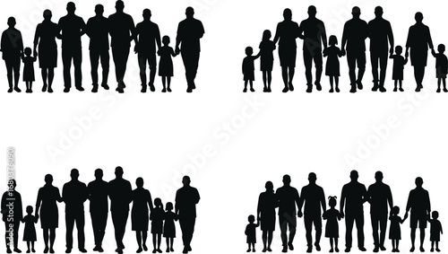 Silhouettes of diverse extended families holding hands, multigenerational unity, togetherness, love, support, parent child connection, community bond, family strength, happiness, teamwork outdoors