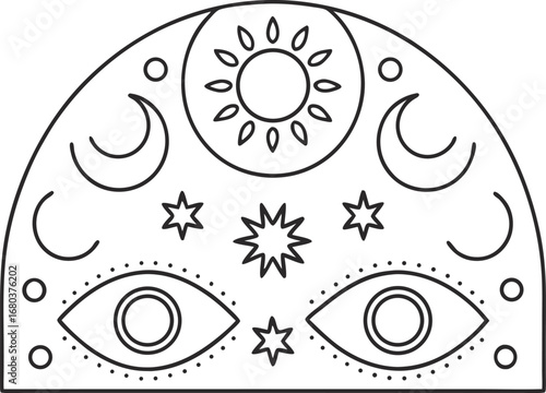 Mystical celestial design with eyes, sun, moon, and stars for spiritual and occult themes, perfect for tattoo or print design