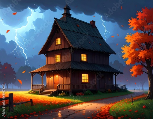 Cozy autumn house in storm