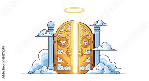 Golden Gateway to Paradise: A Celestial Scene of Heavenly Doors and Divine Light Radiating in the Sky, Surrounded by Billowing Clouds