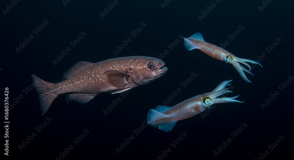 Naklejka premium Deep Sea Encounter, Fish and Squid Swimming Together in the Dark Ocean Depths