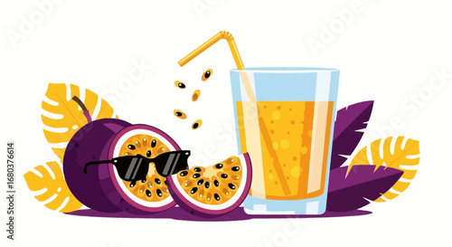 Stylish Illustration Featuring Passion Fruit, Juice, Sunglasses, And Tropical Leaves