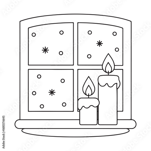 Two lit candles on a windowsill with a snowy window view burning flame