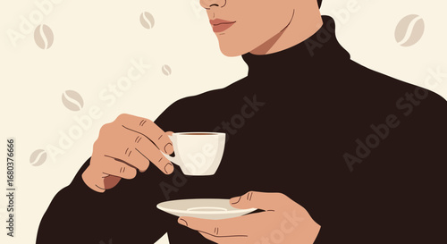 Stylish Individual Enjoying Coffee, Presenting Refined Taste And Quiet Moment In Daily Routine
