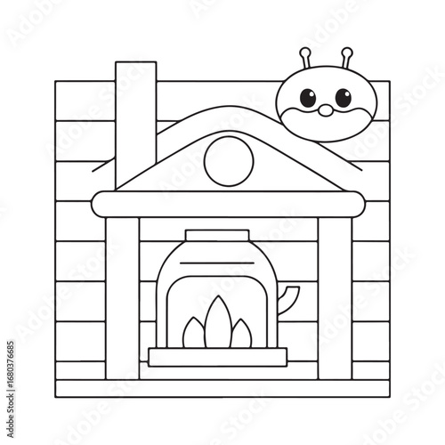 Cartoon alien character above a brick fireplace with a lit fire inside flames chimney
