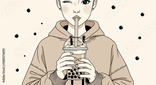 Stylish Individual Sipping From Beverages, Winking, Enjoying Refreshing Bubbles Drink