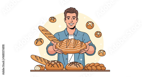 Smiling Baker with Beautiful Bread: Culinary Artisan's Warm Presentation