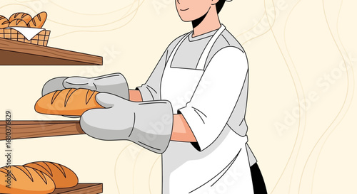 Smiling Baker Wearing Oven Mitts Displaying Freshly Baked Bread on Shelves
