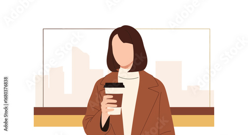 Stylish Professional Holding Coffee Cup With City Skyline Background Abstract Illustration